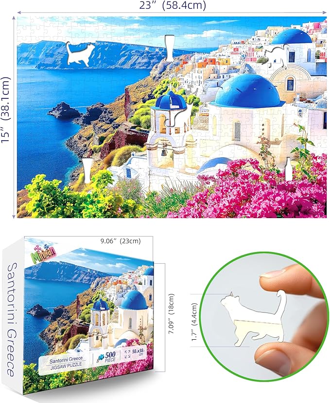 500 Piece Jigsaw Puzzle for Adults - Santorini Blue Domes: Greek Island Coastal View with Unique Shaped Pieces, 23x15 Inch Unique Art Puzzle, Challenging Hard Difficult Puzzles for Adults