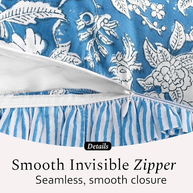 CPC Block Print Ruffle Throw Cover Blue Sapphire 18"x18" Inch Pack of 2-100% Cotton Ruffle Couch Decorative Boho Pillows Case for Living Room, Bedroom, Sofa, Farmhouse Gift for Spring, Mother's Day