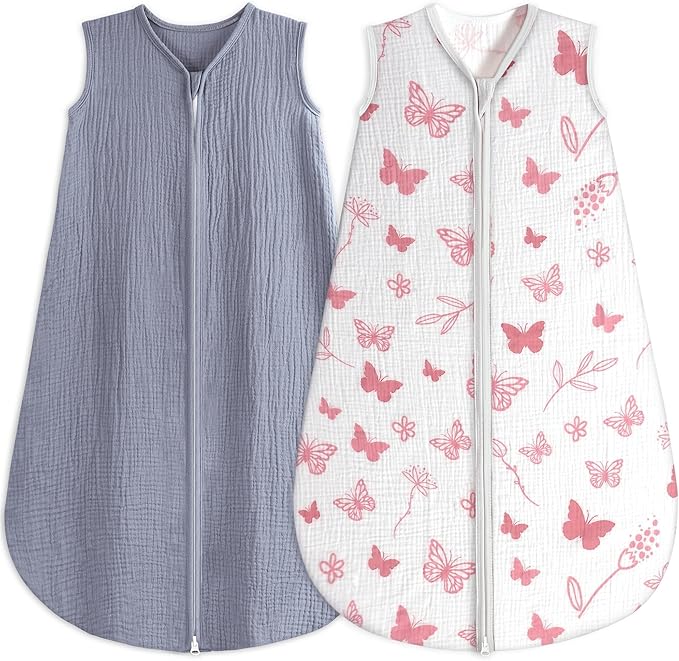 BSTOPPT 2 Pack Baby Sleep Sack 12-18 Months 100% Organic Cotton Muslin Baby Sleeping Bag 2-Way Zipper Wearable Blankets TOG 0.3 (Gray & Pink Butterfly, Large)