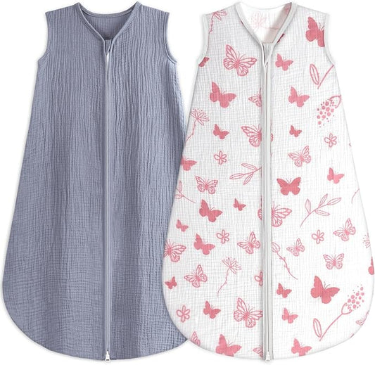 BSTOPPT 2 Pack Baby Sleep Sack 6-12 Months 100% Organic Cotton Muslin Baby Sleeping Bag 2-Way Zipper Wearable Blankets TOG 0.3 (Gray & Pink Butterfly, Medium)