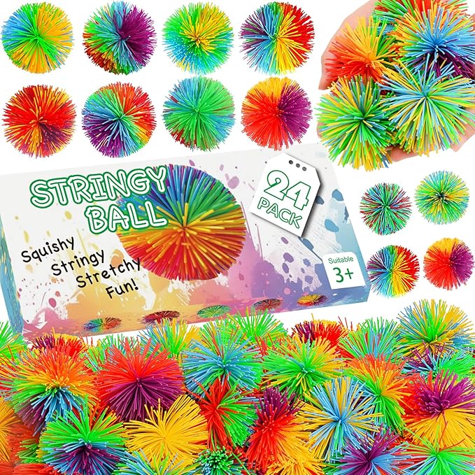 24PCS Stringy Balls, Sensory Stringy Ball, 2.75 inch Soft Rainbow Pom Bouncy, Stocking Stuffers for Kids, Monkey Pom Balls Fidget Toys Stress Ball, Birthday Gifts for Boys, Girls Ages 3+