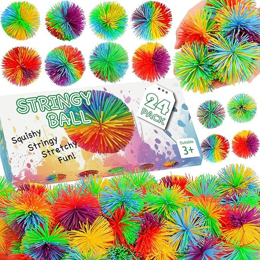 24PCS Stringy Balls, Sensory Stringy Ball, 2.75 inch Soft Rainbow Pom Bouncy, Stocking Stuffers for Kids, Monkey Pom Balls Fidget Toys Stress Ball, Birthday Gifts for Boys, Girls Ages 3+