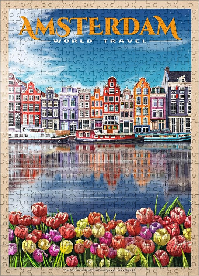 MyPuzzle Amsterdam, Netherlands - City of Canals, Vintage Travel Poster - Premium 500 Piece Jigsaw Puzzle for Adults