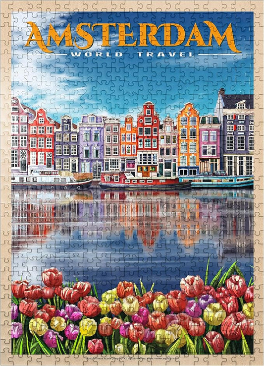 MyPuzzle Amsterdam, Netherlands - City of Canals, Vintage Travel Poster - Premium 500 Piece Jigsaw Puzzle for Adults