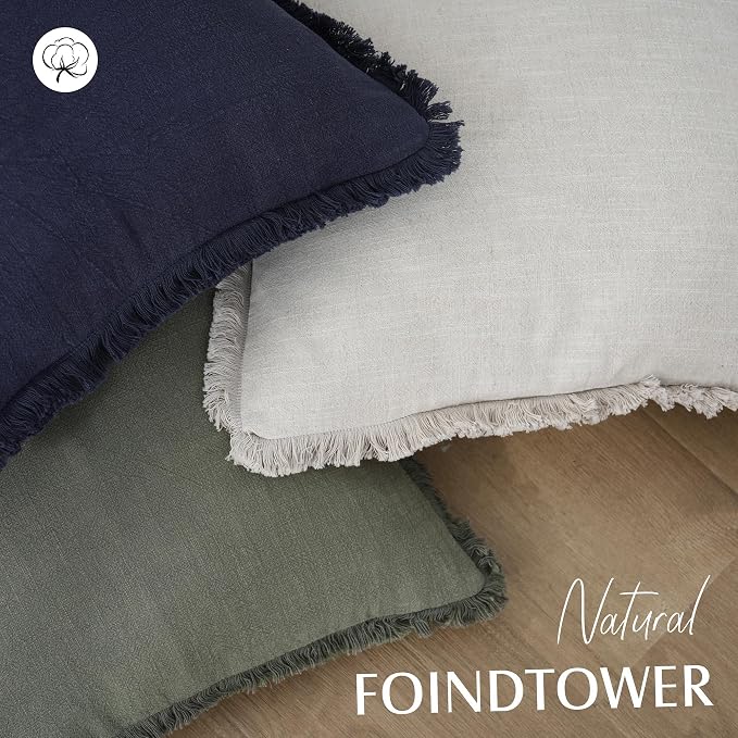 Foindtower Set of 2 Decorative Linen Fringe Lumbar Throw Pillow Covers Boho Farmhouse Cushion Cover with Tassels Soft Accent Pillowcase for Couch Sofa Bed Living Room Home Decor,12×20 Inch,Olive Green