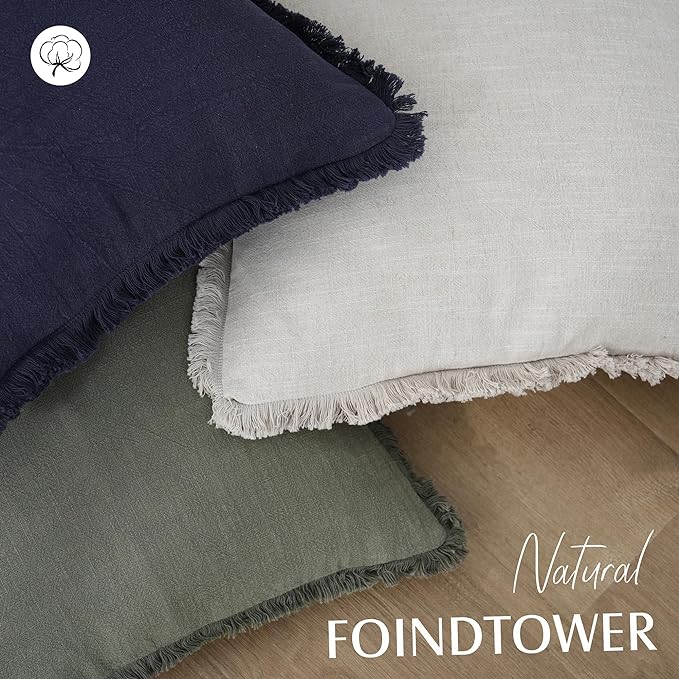 Foindtower Set of 2 Decorative Linen Fringe Throw Pillow Covers Cozy Boho Farmhouse Cushion Cover with Tassels Soft Accent Pillowcase for Couch Sofa Bed Living Room Home Decor, 16×16 Inch, Olive Green