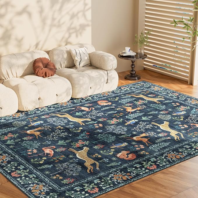 DUKINO 5x7 Area Rugs, Washable Animal Rug Living Room Non Slip, Navy Blue | Low Pile, Soft Indoor Carpet for Bedroom, Kids Room, Dining Room, Pet Friendly, Farmhouse, Stain Resistant, Non-Shedding