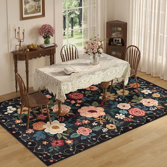 DUKINO 5x8 Area Rug for Bedroom, Soft Floral Washable Rug Non Slip, Black | Low Pile, Non-Shedding Thin Indoor Rug for Living Room, Dining Room, Kids Room, Office, Nursery, Pet Friendly, Home Decor