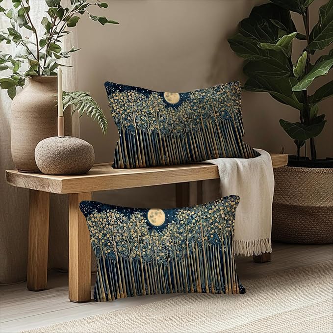 Rustic William Morris Inspired Night Forest Green Moon Decor Pillow Covers 12x20 Set of 2,Vintage Botanical Nature Landscape Decorative Throw Pillow Covers for Home Bedroom Living Room