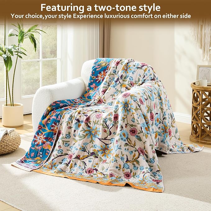 VANJOROY Boho Throw Blanket, 100% Organic Cotton Breathable Ultra Soft 91" x 108" King Bed Quilt Throw - All Season Floral Rustic Luxury Blanket for Sofa Couch Chair