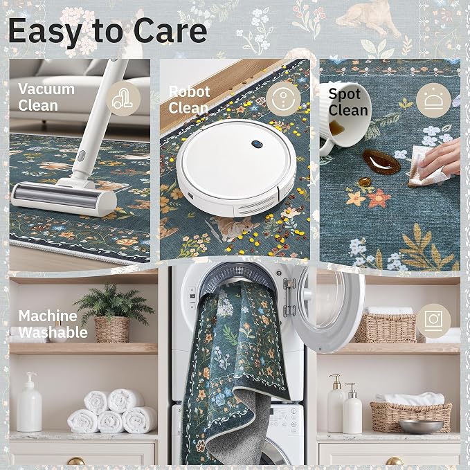 Soalmost Dog 8x10 Area Rugs for Living Room, Washable Soft Rug Navy Blue | Floral Vintage Non-Slip Low Pile Cute Animal Throw Large Rugs for Classroom Bedroom Dining Room Nursery Playroom 8' x 10'