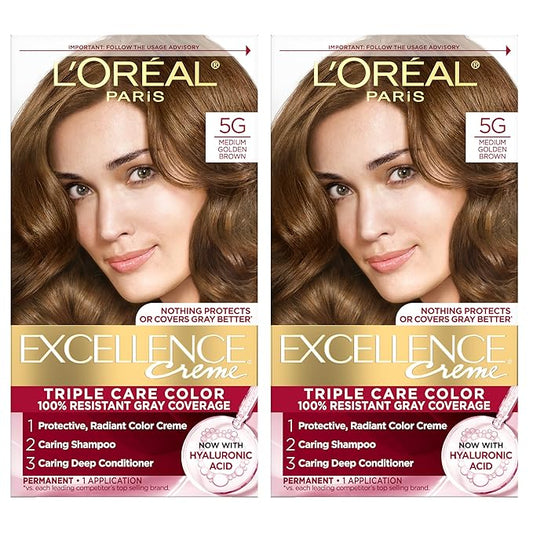 L'Oreal Paris Excellence Crème Permanent Hair Dye, Triple Care Hair Color with Hyaluronic Acid for 100% Gray Coverage, 5G Medium Golden Brown, 1 Kit (Pack of 2) (Packaging May Vary)