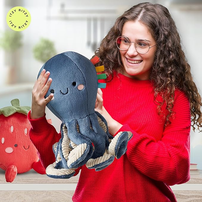 Itzy Ritzy Snuggles Plush Toy – Soft Stuffed Animal for Babies, Kids & Adults – Sensory Ribbons & Textured Fabrics for Tactile Play – Cozy & Cuddly Companion for Newborns & Up (Octopus)