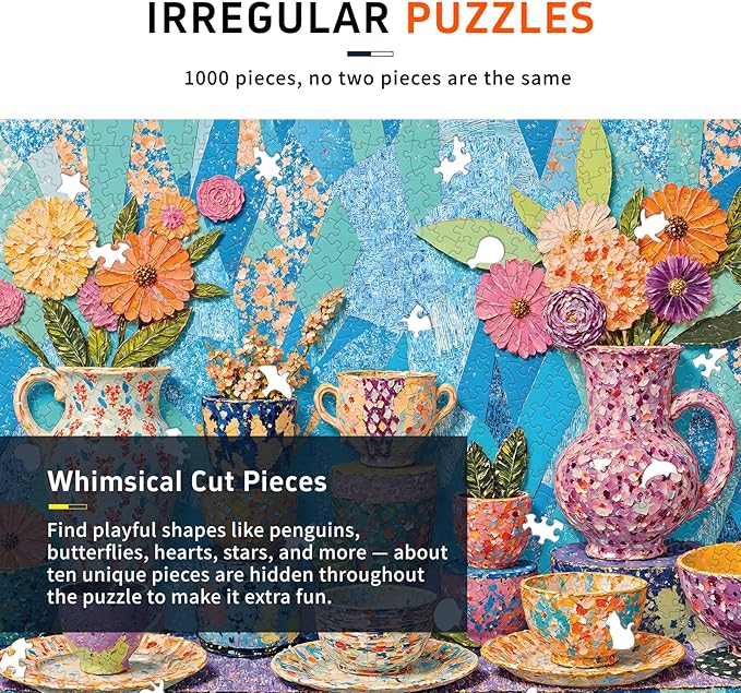 Vibrant Teapot Ceramic Collage Jigsaw Puzzles for Adults 1000 Pieces, Irregularly Shaped Difficult Puzzles Perfect for Game Night, Great Gift Idea, Size 26.65 x 19.25 in
