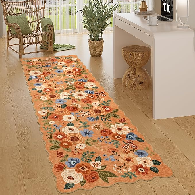 DUKINO 2x10 Runner Rug for Hallway, Washable Kitchen Rug Non Slip, Orange | Soft, Low Pile, Floral Throw Rug Runner for Entryway, Bedroom, Bathroom, Laundry, Pet Friendly, Home Decor, Stain Resistant