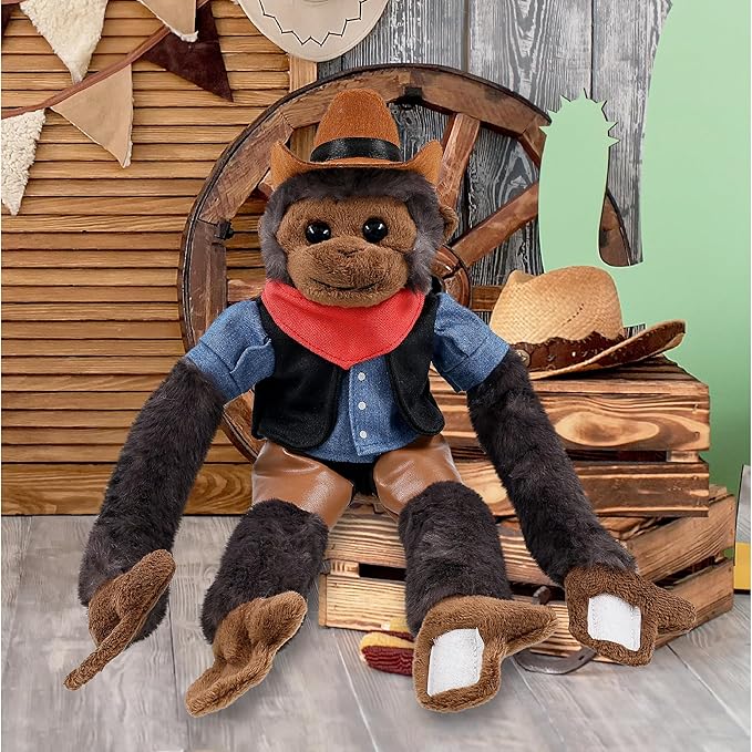 DolliBu Black Capuchin Monkey Stuffed Animal Cowboy Plush with Name Personalization - Western-Themed Monkey Plush with Cute Cowboy Costume Denim Shirt Vest, Bandana, Leather Pants, and Hat - 21 Inches