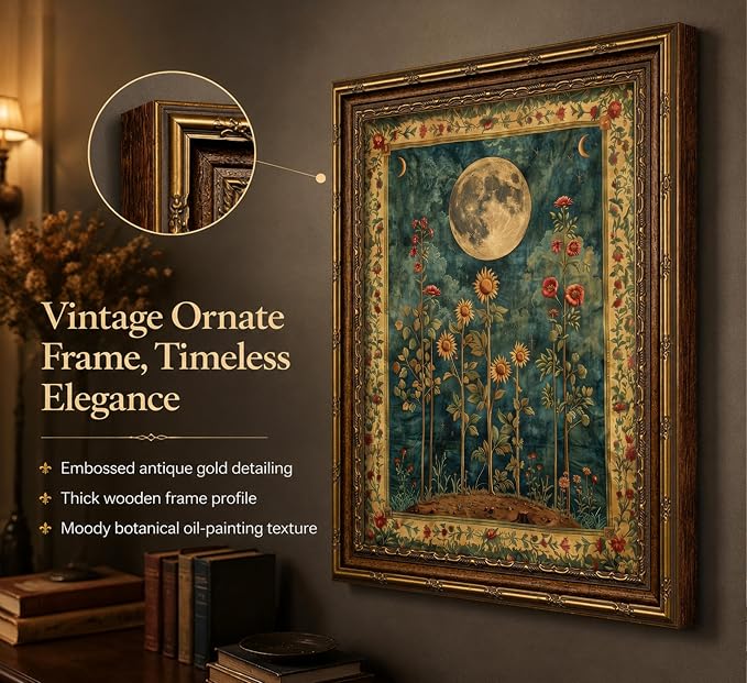 Vintage Gold Framed Celestial Moon Wall Art,Tarot Crescent Moon Painting Canvas Print,Gothic Moody Wildflowers Wall Decor,Dark Academia Vibe Poster Artwork,for Living Room Bedroom Bathroom