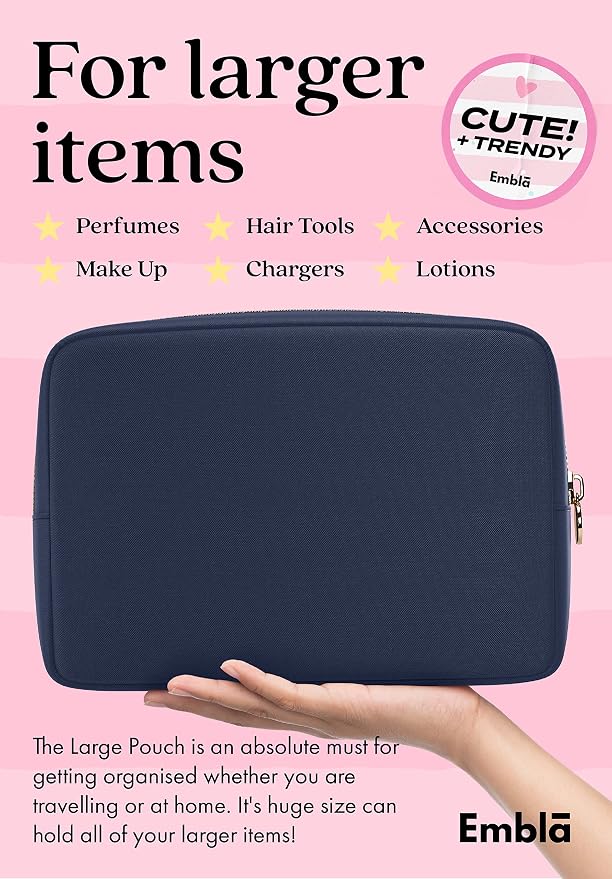 Embla Large Makeup Bag and Waterproof Nylon Travel Toiletry Bag, Large Capacity Cosmetic Zipper Pouch, Navy Blue