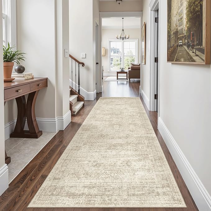 Soalmost Washable Kitchen Runner Rug 3x6 Hallway Entry Rugs Non-Slip, Beige | Vintage Runners 6ft for Bathroom Laundry Room, Foldable Low-Pile Floor Carpet Mat for Entryway Corridor Bedroom