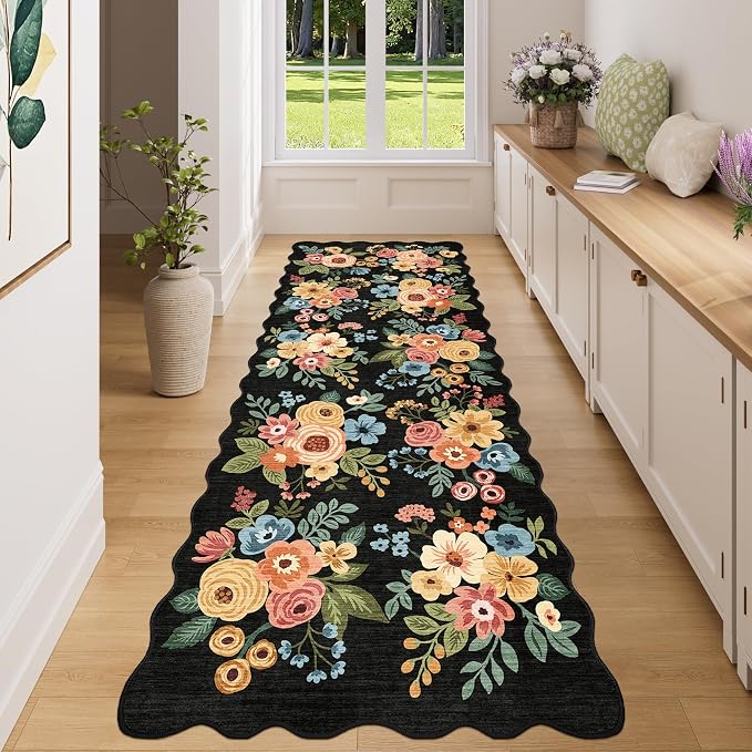 DUKINO 3x8 Kitchen Runner Rug, Soft Floral Washable Rug for Hallway, Black | Low Pile, Stain Resistant Throw Rug Runner for Entryway, Bedroom, Bathroom, Laundry, Pet Friendly, Modern Home Decor