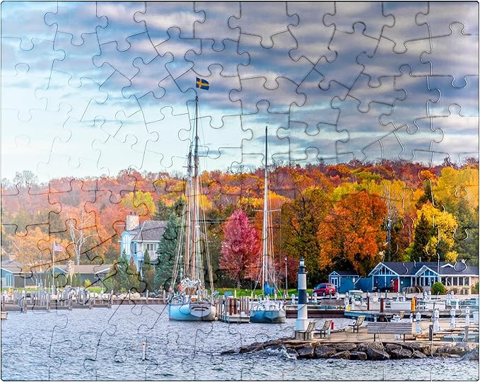 MyPuzzle Sister Bay Town Harbor View in Door County Wisconsin - Premium 100 Piece Jigsaw Puzzle for Adults