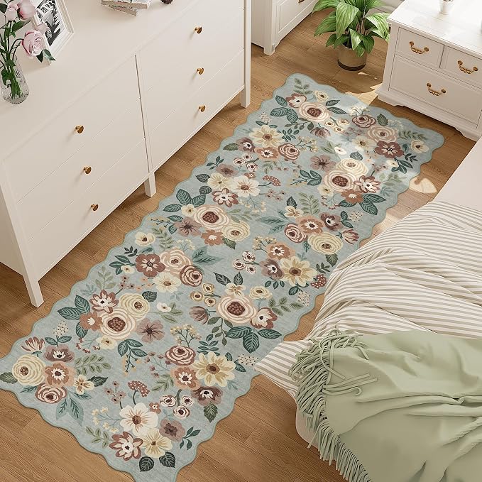 DUKINO 2.6x8 Runner Rug, Floral Washable Kitchens Rug Non Slip, Sage Green | Low Pile, Stain Resistant, Soft Throw Carpet Runner for Hallway, Entryway, Bedroom, Bathroom, Pet Friendly, Modern Home Decor