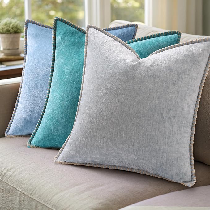decorUhome Soft Chenille Throw Pillow Covers 20x20 Set of 2 Blue | Fall Textured Decorative Throw Pillow Cases Stitched Edge Modern Farmhouse Luxury Boho Velvet for Couch Sofa Bed Home Decor