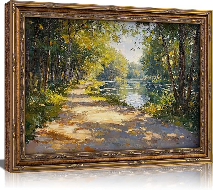 Vintage Gold Framed Canvas Wall Art Sunshine Forest Impressionist Landscape Painting Picture Wall Decor Spring Summer Green River Nature Scenery Poster Print Artwork for Living Room Bedroom