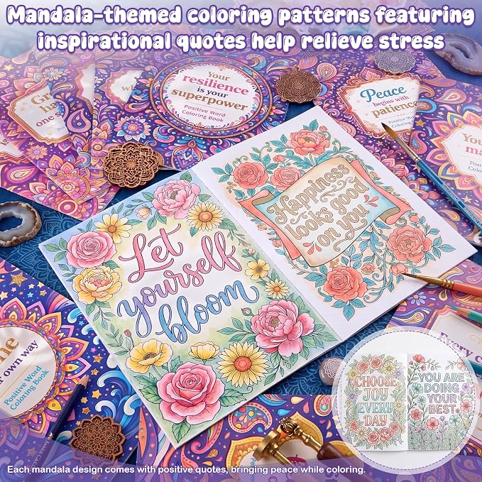 Liliful 144 Pcs Mandala Inspirational Coloring Book Bulk Mini Coloring Books with Positive Quotes, Stress Relief Drawing Book for Kids Adults DIY Art Party Favors Goodie Bag Filler Holiday Gifts