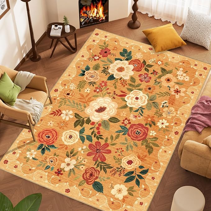 DUKINO 8x10 Area Rugs, Floral Washable Living Room Rug Non Slip, Orange | Low Pile, Stain Resistant, Soft Indoor Large Carpet for Bedroom, Dining Rom, Kids Playroom, Pet Friendly, Modern Home Decor
