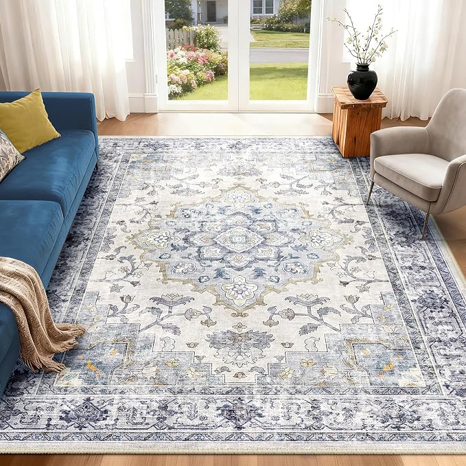 CAPALOCA Machine Washable Rugs Nursery Rug 6x9 Cute Girl Non Slip Low Pile Water Repellent Soft Print Pattern for Bedroom Indoor Decor Kids Playroom Blue White | Non-Slip Soft Rugs for Bedroom Kids Playroom Living Room, Print Pattern Water Repellent Ca...