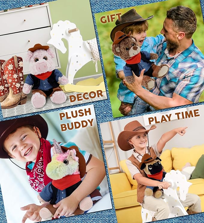 DolliBu Cowboy Stuffed Animal Dress Up Set - Western-Themed Outfit with Hat, Jeans, Vested Shirt, Bandana Cowboy Costume - Pretend Play Clothes for Teddy Bears - Large for 8 to 10 Inch Plush Toys