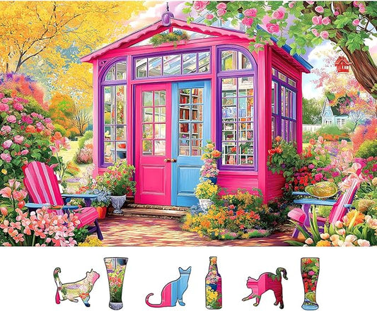 500 Piece Jigsaw Puzzle for Adults - Whimsical Pink Greenhouse Garden with Unique Cat Shapes, 23x15 Inch Pretty Art Puzzle for Relaxation