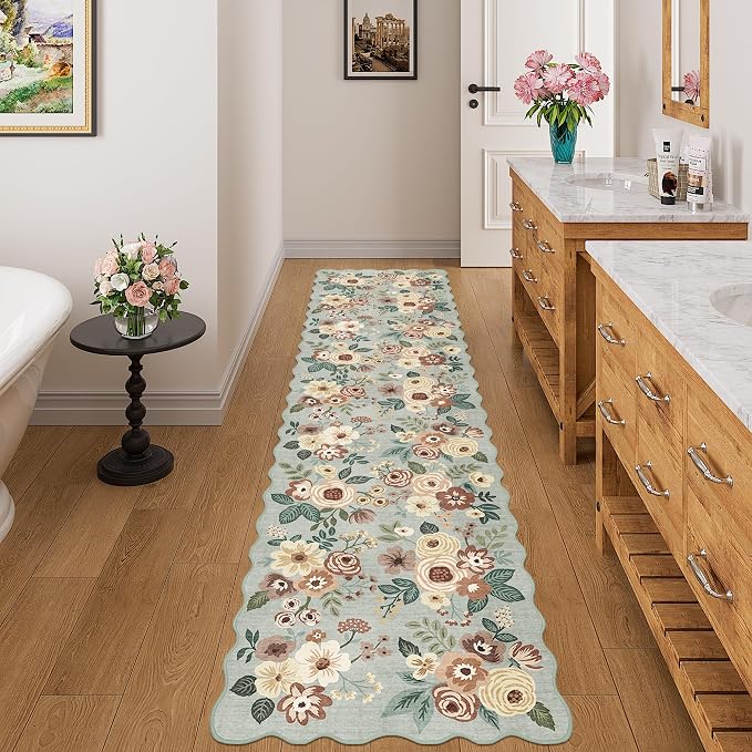 DUKINO 2x8 Washable Runner Rug, Floral Non Slip Kitchen Rugs, Sage Green | Low Pile, Soft Throw Rug Runner for Hallway, Entryway, Bedroom, Bathroom, Pet Friendly, Stain Resistant, Home Decor