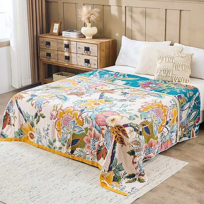 XIBLC Boho Throw Blanket 100% Cotton Vintage Blanket Muslin Woven Flower Decorative Throw Blankets All Season Bohemian Rustic Farmhouse Decor Quilt for Bed (Yellow 80"x90")