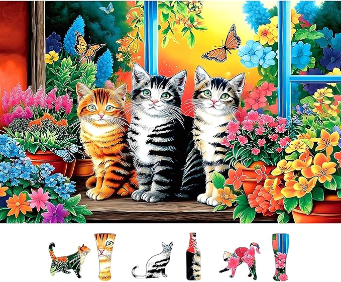 Cat 500 Piece Jigsaw Puzzle - Cute Kittens in Garden Window Design with Butterflies & Flowers | Unique Art Puzzle for Adults for Cat Lovers & Home Decor
