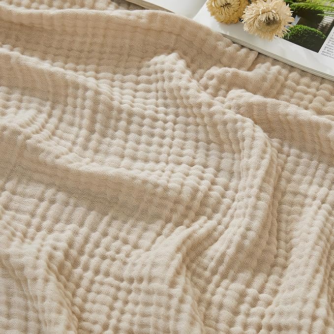 EMME Cotton Muslin King Blanket Breathable Gauze Soft Lightweight Blankets Adults Gifts for Women (Heather Beige, 108"x90")