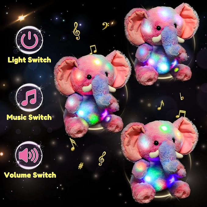 Hopearl Colorful LED Musical Stuffed Elephant Lighting Up Singing Plush Elephish Adjustable Volume Lullaby Animated Soothe Birthday Festival for Kids Toddlers, Rainbow, 11''