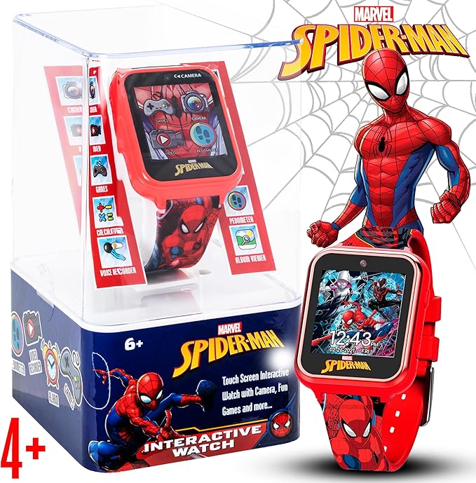Spider-Man Kids Smartwatch - Interactive LED Screen with 10 Custom Watch Faces, Camera, Games, Alarm, Step Tracker & More - Fun Gift for Boys with Marvel Silicone Strap - Fits Wrists 5.5'' to 8.0"