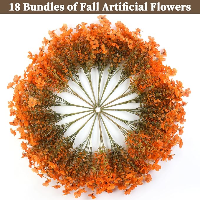 ColoPlay 18 Bundles Artificial Mums for Outdoors, Fake Flowers Fall Decor | Faux Mums for Outdoor Planters, Eucalyptus Leaves UV Resistant Fake Plants for Home Porch Box Wedding Farmhouse(Fall Orange)