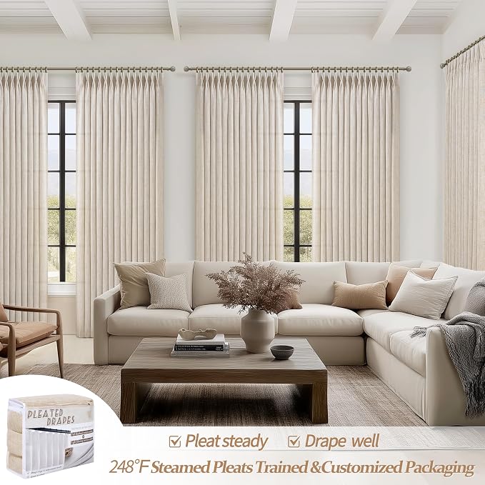 Extra Long Natural Linen 60 Inch Wide Curtains 108 Inches for Room Divider, Memory Shape Pleated Light Filtering Heavy Drapes Luxury Decor Floor to Ceiling Semi Sheer Curtain 9FT Length 2 Panels Set