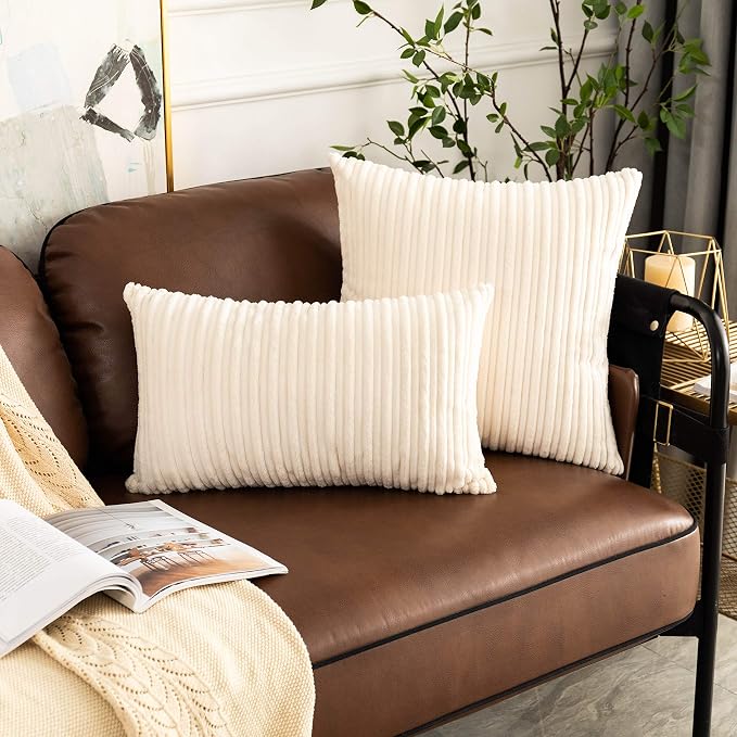 UGASA Pack of 2, Velvet Pillow Covers Striped, Soft Textured Throw Cushion Case Set, Accent Corduroy Lumbar Pillowcases with Hidden Zipper for Home Decor Indoor Outdoor (12"x20", Cream)