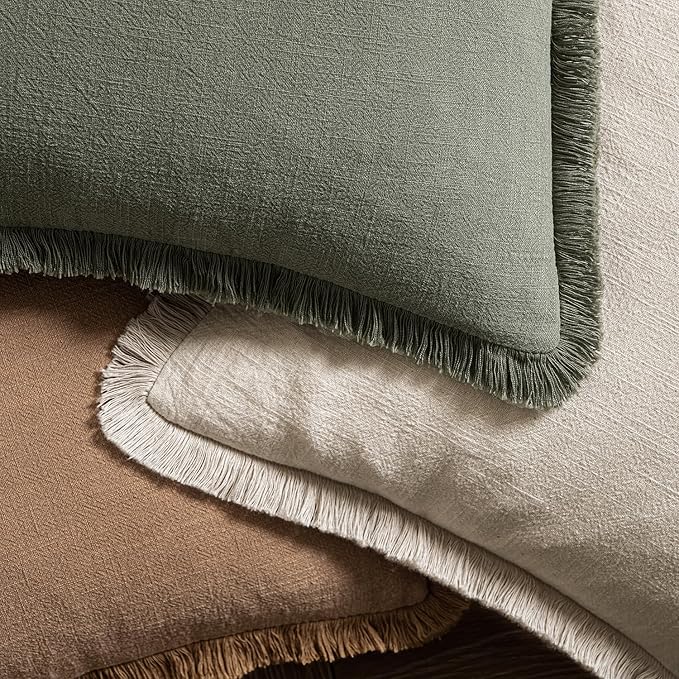 MIULEE Boho Linen Fringe Decorative Fall Throw Pillow Covers Brown 20x20 | Set of 2, Cottagecore Decor, Boho Farmhouse Neutral Pillow Covers, Rustic Fall Couch Cushion Cases for Sofa Bed Living Room