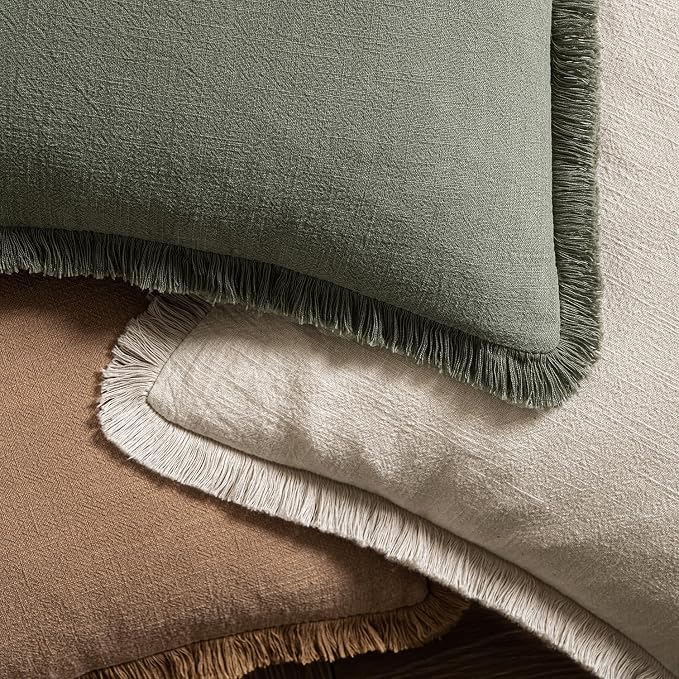 MIULEE Linen Fringe Decorative Fall Euro Throw Pillow Covers Brown 22x22 | Set of 2, Cottagecore Decor, Boho Farmhouse Neutral Pillow Covers, Rustic Fall Couch Cushion Cases for Sofa Bed Living Room