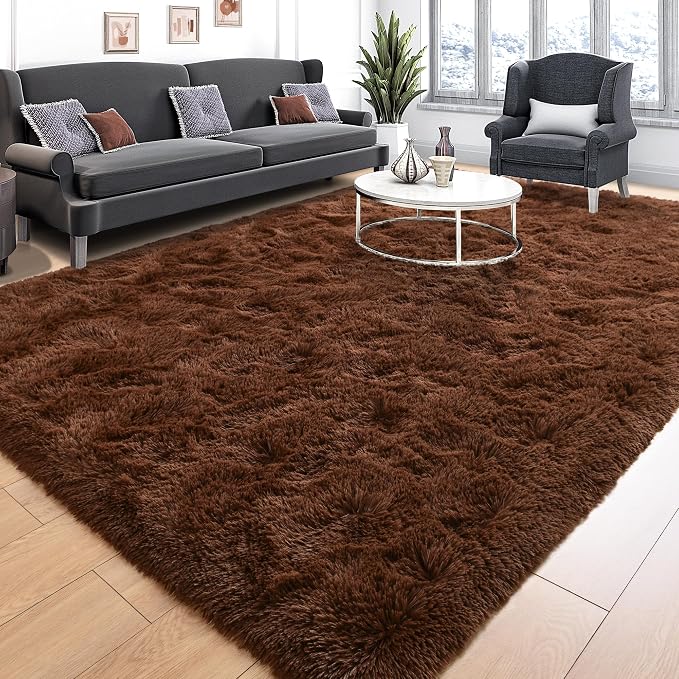 Tepook 8x10 Brown Area Rugs for Living Room Bedroom, Soft Fluffy Plush Shaggy Girls Boys Kids Room Rug, Shag Upgrade Non-Slip Throw Carpet for Dorms Nursery Classroom Home Decor
