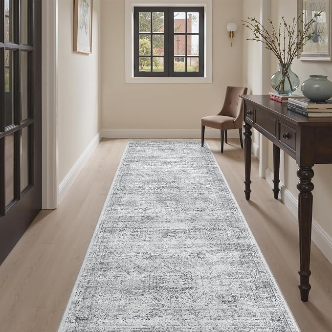 Soalmost Washable Kitchen Runner Rug 3x8 Hallway Entry Rugs Non-Slip, Grey | Vintage Runners 8ft for Bathroom Laundry Room, Foldable Low-Pile Floor Carpet Mat for Entryway Corridor Bedroom