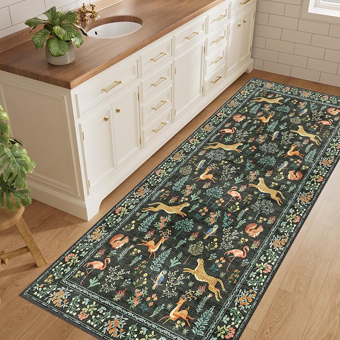 DUKINO 3x6 Kitchen Runner Rug, Washable Animal Rug for Hallway, Black | Non Slip, Low Pile, Soft Indoor Carpet for Entryway, Bedroom, Bathroom, Laundry, Lightweight, Pet Friendly, Stain Resistant