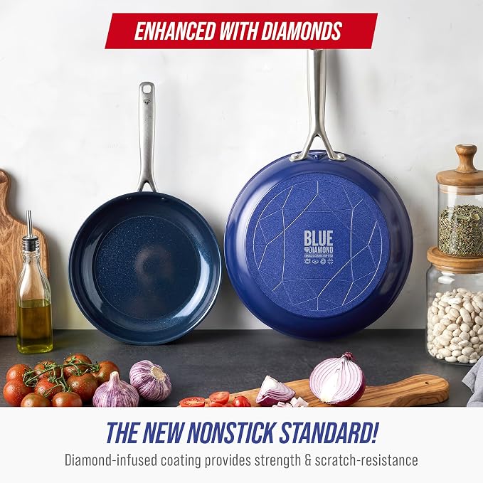 Blue Diamond 2 Piece Nonstick Frying Pan Set, 9.5” & 11" Skillets, PFAS-Free Ceramic, Dishwasher & Oven Safe, Stainless Steel Handle, Durable Metal Utensil Safe, Egg & Omelet Pans, Blue | 9.5" x 11" Skillets, PFAS-Free Ceramic Nonstick, Dishwasher & Ov...