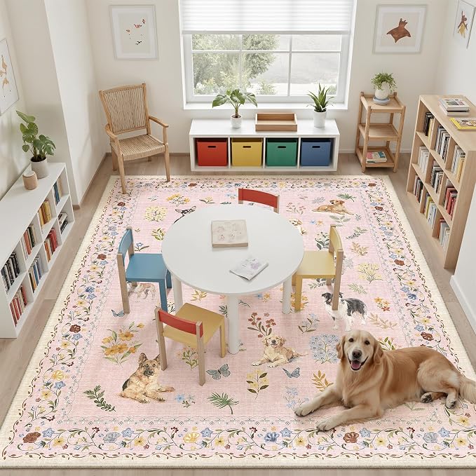 Soalmost Dog 8x10 Pink Area Rugs for Baby Girl Nursery, Washable Soft Rug | Floral Vintage Cute Animal Non-Slip Low Pile Throw Rugs for Living Room Dining Room Bedroom Playroom Classroom 8' x 10'