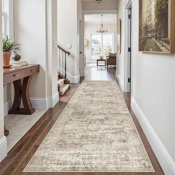 Soalmost Washable Kitchen Runner Rug 3x6 Hallway Entry Rugs Non-Slip, Brown | Vintage Runners 6ft for Bathroom Laundry Room, Foldable Low-Pile Floor Carpet Mat for Entryway Corridor Bedroom
